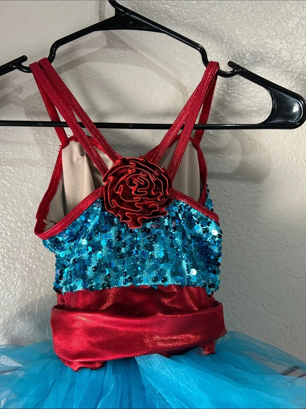 Weissman Teal Sequin Red Trim Tutu Costume Sz 1C Dance Ruffle Sleeveless